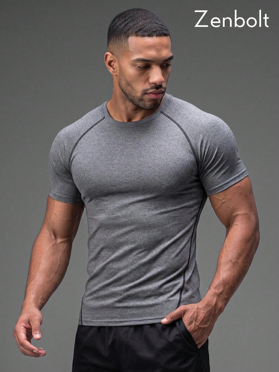 Zenbolt Men's Fitted Crew Neck Short Sleeve Compression Shirt ,Contrast Stitching Detail, Classic Athletic Style, For Gym Training&Workout - Grey - View 1