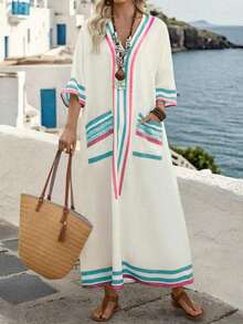 Holidaya Vestido de verano/primavera nuevo de estilo bohemio para vacaciones, informal, con estampado de rayas coloridas y cuello en V de manga 3/4 - Multicolor - Ver 11
