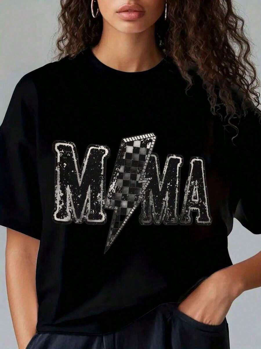 Camiseta de manga corta para mujer,% algodón, diseño estampado informal para mujer - Diseño con patrón de, cuadrícula de letras vintage desgastada y patrón de rayos. Camiseta para mujer -% algodón, cuello redondo informal de manga corta, ropa de verano fácil y elegante, regalo perfecto para parejas y fans. Tops de verano 2026, atuendos diarios para mujer. - Negro - Ver 1