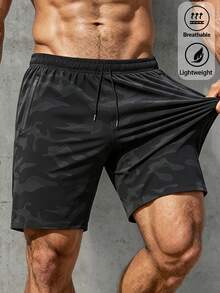 Pantalones cortos deportivos elásticos para hombre para primavera, verano y otoño, con cintura elástica y cordón ajustable, bolsillos con cremallera, adecuados para salidas diarias, deportes, ocio y otras ocasiones - Negro - Ver 2