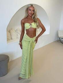Conjunto de dos piezas de baño con encaje jacquard ideal para playa y vacaciones - verde hierba - Ver 5