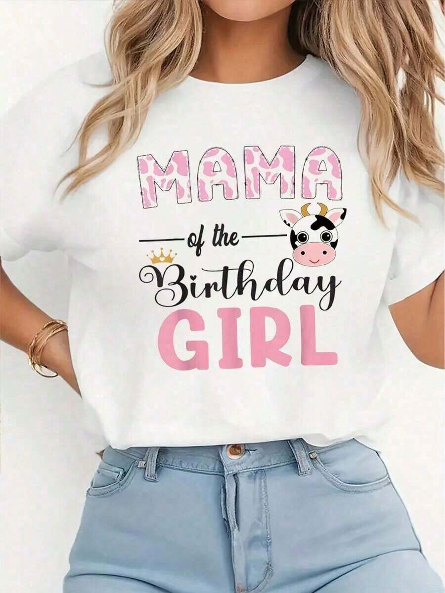 1 pieza, 100% algodón, camiseta de manga corta con cuello redondo para mujer, diseño gráfico de moda, "Mama de la niña del cumpleaños" y "Vaca de granja", para el primer cumpleaños, 210g, 100% algodón, los diseños están impresos. Unisexo.Puro-Algodón - Blanco - Ver 1