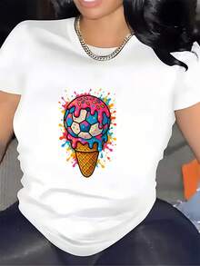 Camiseta de mujer, diseño creativo de fútbol con helado, camiseta de 180 g - Un regalo para el entretenimiento familiar en verano y para la formación de equipos de oficina. - Blanco - Ver 1