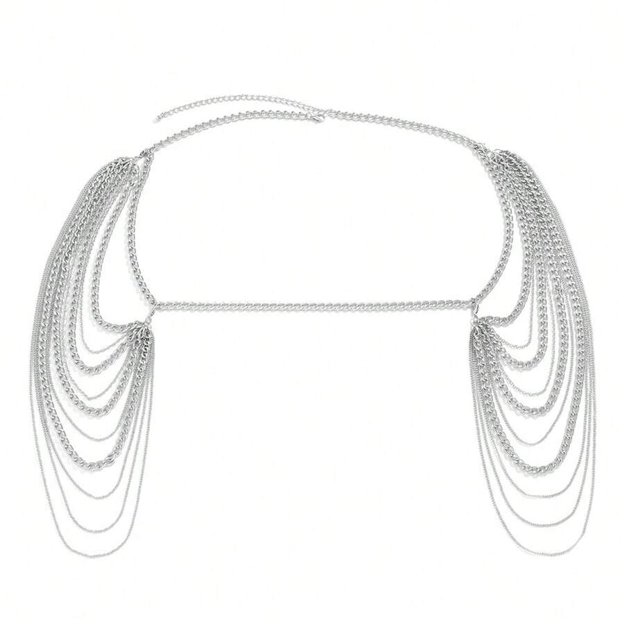 Bride Women Shiny Statement Tassel Body Chain Shawl Dainty Body Jewelry Layered Shoulder Chain Wedding Party Nightclub Body Accessories For Women Bride - 銀色 - 查看 1