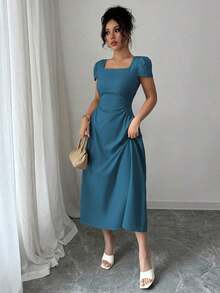 midi casual de manga abullonada con cuello cuadrado y cintura ceñida, unicolor elegante para vacaciones o té de la tarde, primavera/verano - Agua verde azul - Ver 4