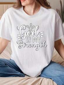 Suave, transpirable y ligero para comodidad durante todo el día. Camiseta de mujer con estampado "Faith And God, God Is My Strength", cuello redondo, camisetas, camiseta de manga corta con estampado de letras grandes - estilo casual y holgado, lavable a máquina, moderna y versátil para todas las estaciones - 220g. Cuello redondo clásico con un corte relajado que favorece todas las formas del cuerpo y es fácil de combinar con jeans, shorts y leggings. - Blanco - Ver 12