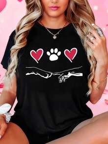 Exclusivo para Mascotas: Adorable diseño romántico con estampados de huellas de pata. Camiseta casual de moda para mujer, de cuello redondo, para primavera-verano, con diseño de corazón y estampado de pata. Estilo creativo, cómoda para el uso diario y salidas. - Negro - Ver 2