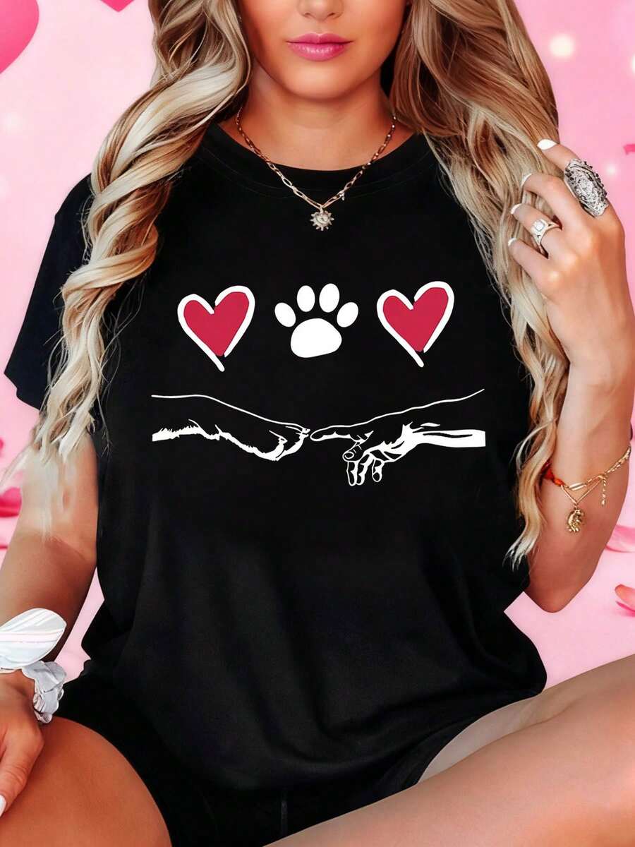 Exclusivo para Mascotas: Adorable diseño romántico con estampados de huellas de pata. Camiseta casual de moda para mujer, de cuello redondo, para primavera-verano, con diseño de corazón y estampado de pata. Estilo creativo, cómoda para el uso diario y salidas.