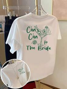 Estampado floral doble, manga corta estampada en la parte delantera y trasera, camiseta para el cortejo nupcial "Cin Cin to the Bride", top casual de manga corta con cuello redondo estampado para mujer - ajuste cómodo, diseño clásico, artículo de moda, 100% algodón. - Blanco - Ver 7