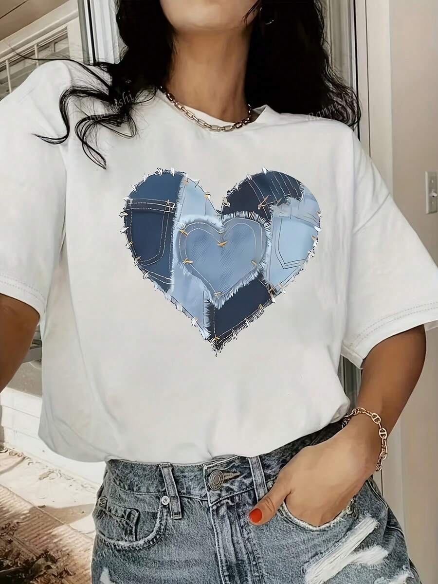 Camiseta casual de mujer con diseño de corazón azul y patchwork retro de cowboy - Perfecta para primavera y verano - Cuello redondo y mangas cortas - Hecha de tela suave ideal para el uso diario - Blanco - Ver 1