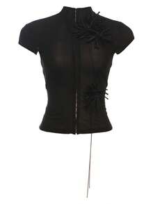 New Floral High Neck Button-Down Fitted And Sensual Garment - 黑色 - 查看 3