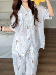 Gongdie Bộ đồ ngủ nữ Disney 2 món, bộ đồ ngủ mùa xuân/hè bằng cotton, chất liệu mềm mại, thoải mái, họa tiết sọc xanh trắng, chi tiết túi hình kangaroo hoạt hình dễ thương. - Xanh và trắng - Xem 9