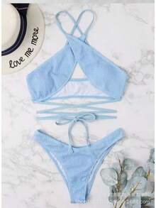 Nuevo bikini sexy de dos piezas con tiras cruzadas y tela ondulada multicolor, traje de baño moderno para mujer. - marrón - Ver 11