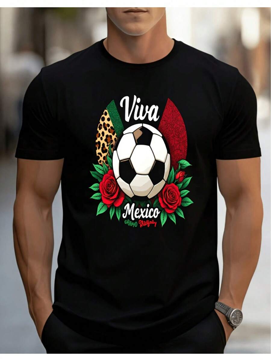 Camiseta Negra para Hombre con Diseño de Bandera de Rosas y Balón de Fútbol Viva México, Ropa Casual para Celebración de Aficionados al Fútbol - Negro - Ver 1