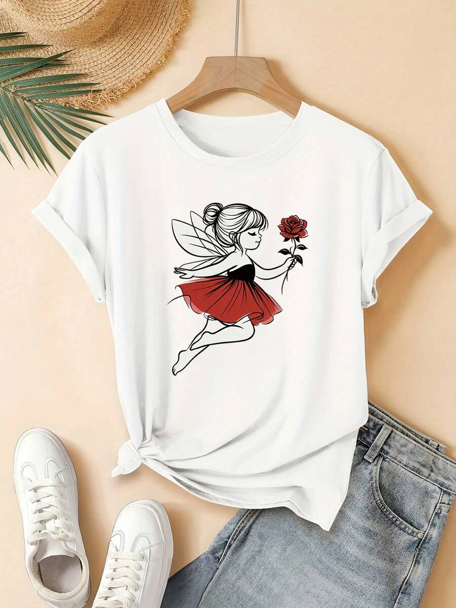 Camiseta de mujer con estampado floral de rosas de ensueño, divertida y a la moda, diseño lindo y alegre, de manga corta y cuello redondo, para mujeres jóvenes, lavable a máquina, adecuada para el estilo casual de calle de uso diario, una excelente opción para regalos, ideal para el hogar, la oficina y otras ocasiones. - Blanco - Ver 1