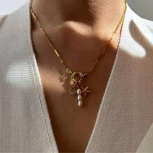 1pc Summer Fashion Stainless Steel Necklace, Handmade Minimalist Pearl Shell Starfish Pendant Necklace, Suitable For Work, Vacation, Party, Gift - Gold - View 2