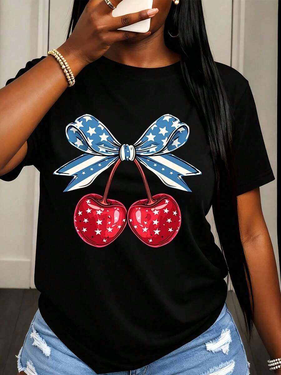 Camiseta Casual para Mujer con Estampado de Bandera Americana y Lazo de Cereza, Ropa de Verano para Uso Diario y Vacaciones - Negro - Ver 1