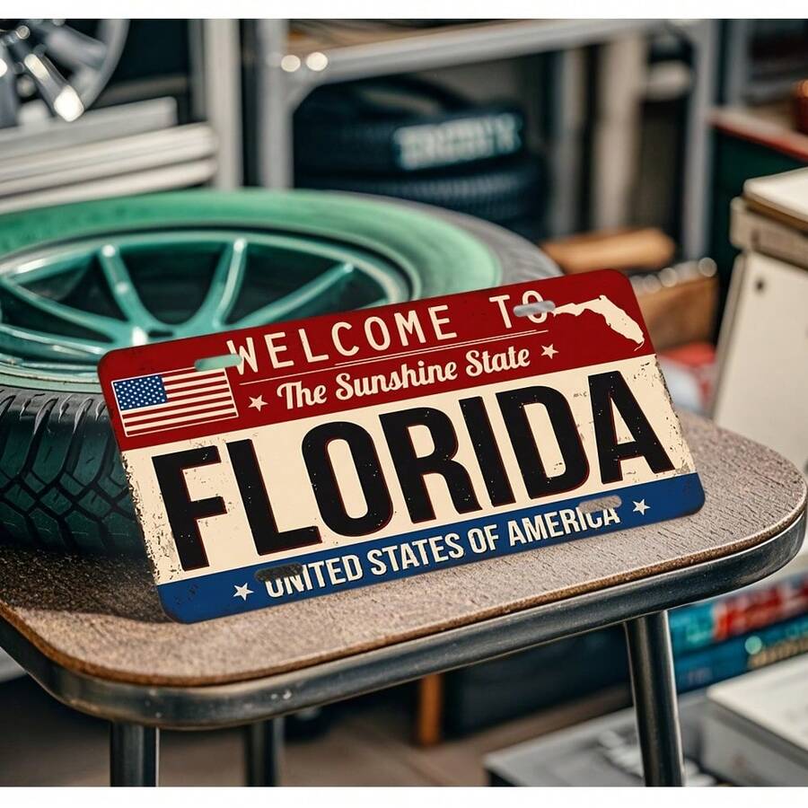 2D Flat Vintage "Welcome To Florida" Metal Wall Sign - 30.0X15.01cm Rustic American Decor With Distressed Edges And American Flag Design, Durable Garage, Home Or Office Wall Art, No Electricity Required, Garage Decor, Classic Design - A - View 1