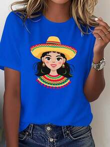 ComfortableCamiseta ligera de mujer para el Cinco de Mayo mexicano, cómoda, de color sólido, 100% algodón, opción popular.Fashion All-match Women's Short Sleeve T-shirt, Basic Style for Inner & Outer Wear - Azul - Ver 1
