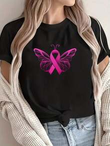 ComfortableCamiseta casual ligera para mujer, con estampado de mariposa para la concienciación sobre el cáncer de mama, de manga corta y cuello redondo, diseño en negro y rosa lavable a máquina, cómoda para primavera y verano, camiseta para mujer, ropa de primavera. Camiseta de manga corta para mujer, estilo básico que combina con todo, para uso interior y exterior. - Negro - Ver 8