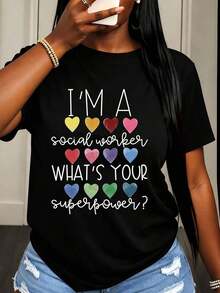 Camiseta de Mujer para Trabajadora Social con Diseño de Corazón y Texto '¿Cuál es tu superpoder?' para Trabajo y Uso Casual - Negro - Ver 6