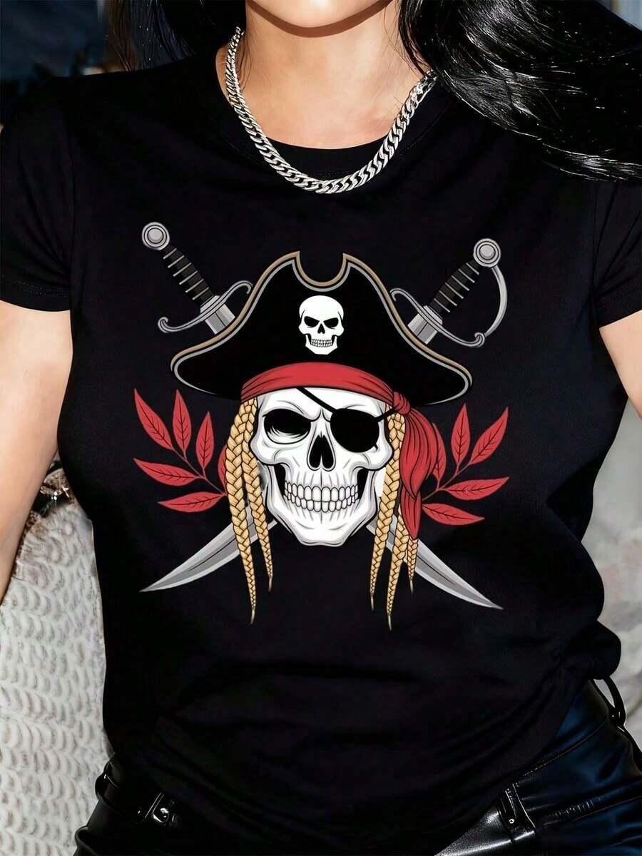 Women's Pirate Skulls And Intertwined Swords Graphic T-Shirt - Deep Blue Crew Neck T-Shirt With Red Details, Soft Casual Top For Everyday Wear, Costume Parties, Pirate Theme Events And Casual Outfits - Authentic Pirate Design, Pirate Accessories, Party Wear, Bold Streetwear, Comfortable Fit, Distinctive T-Shirt, Women - 黑色 - 查看 1