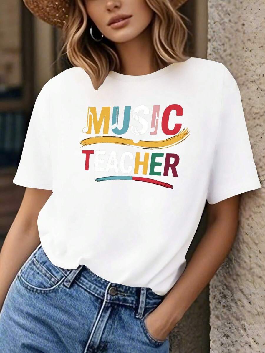 Limited Time Offer, Limited Quantities, Flash ! Women's Casual Shirts, Women's Polyester T-Shirts, Elegant Shirts. Women's Music T-Shirt With Colorful Musical Notes And "MUSIC TEACHER" Print - Short Sleeve And Crew Neck Casual For Events, Choirs, Piano Lessons - Breathable Gift For Educators In All Seasons - 白色 - 查看 1