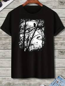 Camiseta gótica vintage para hombre con diseño de cuervo y árbol - Estampado de contraste oscuro, transpirable, cuello redondo, manga corta, corte regular, top casual de verano, camisa elegante lavable a máquina - Negro - Ver 6