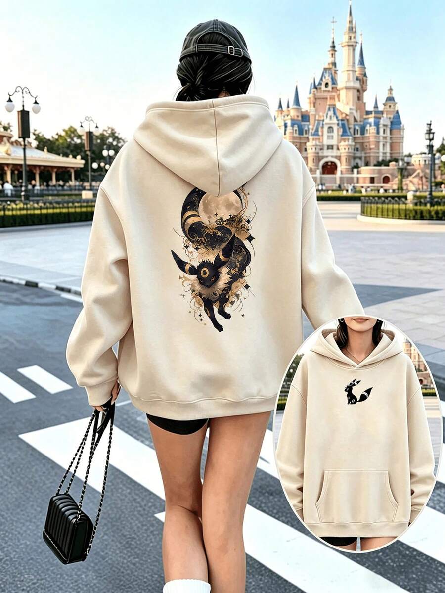 Pokemon2026 Unisex Graphic Hoodie, Umbreon Moon & Stars Art Dual Print Front & Back Oversized Sweatshirt, Casual Streetwear Pullover For Fans - 杏色 - 查看 1