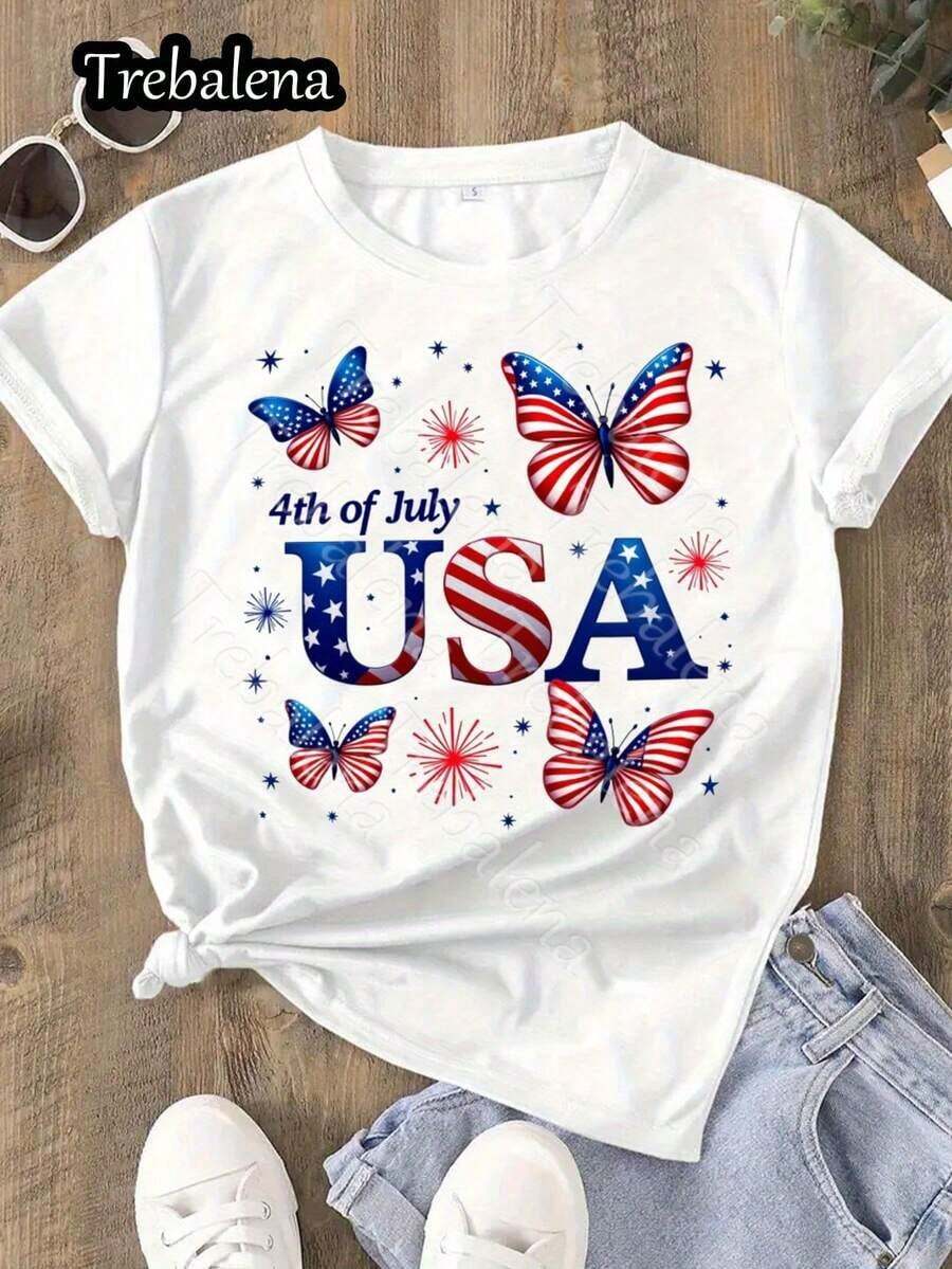 1 camiseta de cuello redondo para mujer, 100% algodón, estampado de mariposa con bandera de estrellas, diseño para el Día de la Independencia y el Día de la Madre, tela suave y transpirable, manga corta informal, ajuste diario para primavera y verano, top de moda para vacaciones, estilo vaquero, transpirable y cómodo. - Blanco - Ver 1