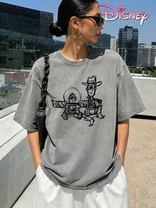 Disney Women's Washed Cotton T-Shirt With Toy Story Woody Bass Line Drawing Print. Simple Retro Style, Suitable For Daily Commutes, Casual Outings, And Sophisticated Looks. - 灰色 - 查看 1
