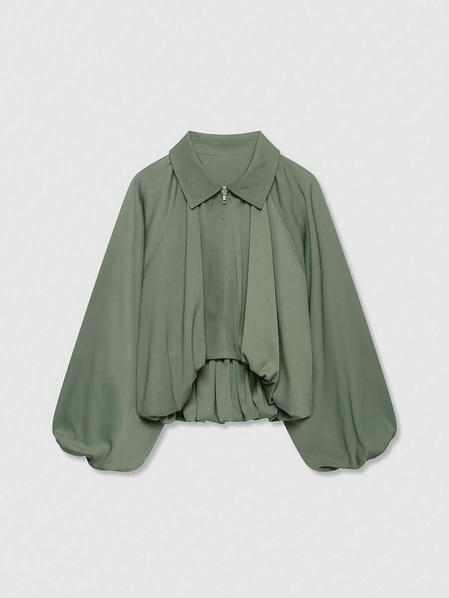 Women's Spring Casual Turndown Collar Zip-Up Long Sleeve Bomber Jacket - Army Green - View 1