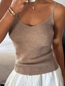 Blusa de punto ajustada de verano con cuello en V sin mangas en color caqui para mujer - Gris - Ver 12