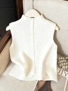 Suéter de mujer de punto con cuello alto, diseño de botones, sin mangas, suelto y casual, color rojo, para primavera/otoño - Blanco - Ver 5