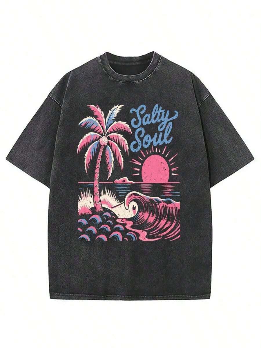 Con diseño vintage, con palmeras y un estilo retro "Salty Soul", hecho de tela suave lavada, estampado con motivos de sol y olas rosas, diseñado para amantes de la playa.Como un regalo de verano ideal para padres, amigos y amantes de la - Negro - Ver 1