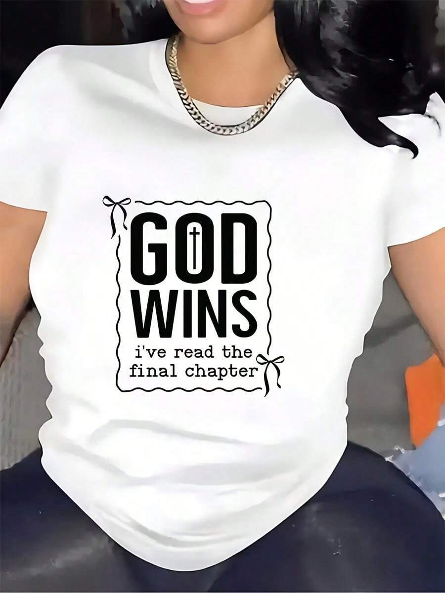 1 pieza de playera de manga corta 100% algodón, cuello redondo casual con estampado, Dios triunfa. He leído el último capítulo. Manga corta transpirable para uso diario - Blanco - Ver 1