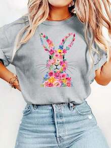 Camiseta Vintage de Mujer con Estampado de Conejo - Blusa Suave y Transpirable de Manga Corta y Cuello Redondo, Top Casual para Primavera, Verano y Otoño con Estampado de Conejo y Patrones, Lavable a Máquina, Regalo para Pascua - Gris Claro - Ver 6