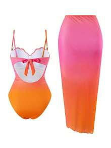 Swim Oasis Conjunto de traje de baño de 2 piezas de moda alta para mujer con falda ajustado con abertura lateral fruncida, ajustable con doble tirante y diseño de concha con degradado de color para primavera/verano - Rosa Fucsia - Ver 2