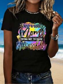 Nueva Llegada 2026: Camiseta "Solo Una Buena Mamá Tratando de No Ser Demasiada Madre" - Camiseta Divertida para Mujer, Top Casual, Regalo para Mamá, Regalos para las Fiestas, Tela Suave, Transpirable, 100% Algodón, Uso Diario, Camiseta de Mujer con Estampado Gráfico. - Negro - Ver 3