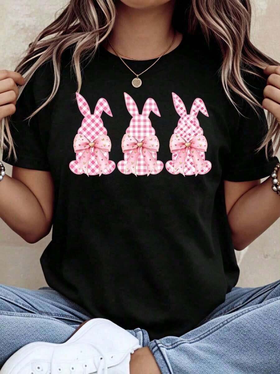 Camiseta de Pascua con Conejo Rosa para Mujer, Top Casual de Primavera, Camiseta con Estampado Gráfico de Animal Bonito para Fiesta de Pascua, Estilo Vintage Urbano, Unisex, de Algodón, Manga Corta, Cuello Redondo, Blusas para Mujer. blusas.blusas casuales para dama. - Negro - Ver 1