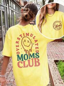 Women's Summer T-Shirts With A 'Mom Club' Graphic Print, Crew Neck, Short Sleeves, Simple Casual Style For Everyday Wear, In Black, Plus Sizes. Graphic Print T-Shirts For Mom's Birthday, Fun Prints For Mom, Women's Summer Clothes, Summer T-Shirts With Face And Letter Prints. - 黃色 - 查看 9