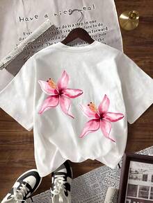 Playeras de Mujer Estampado Flor de Lirio Acuarela Rosa Casual Manga Corta - Blanco - Ver 1