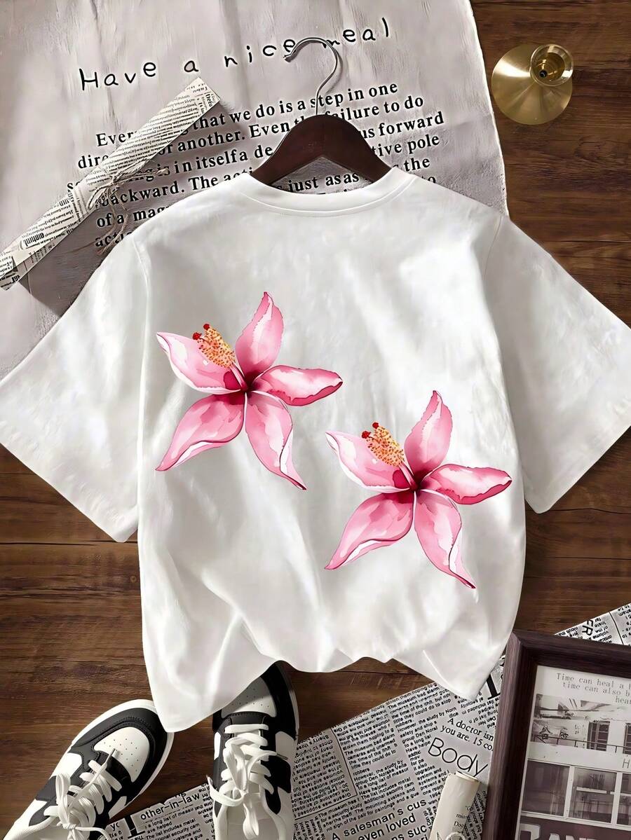 Playeras de Mujer Estampado Flor de Lirio Acuarela Rosa Casual Manga Corta - Blanco - Ver 1