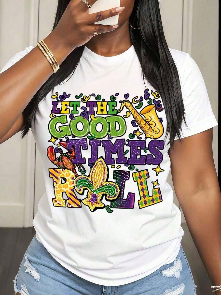 Camiseta de manga corta para mujer, Mardi Gras, Let The Good Times Roll, estampado de saxofón y flor de lis, ropa para celebración de fiesta - Blanco - Ver 1