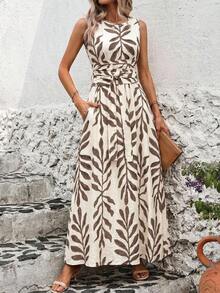 Vestido de verano sin mangas con cuello redondo, cintura ajustada y estampado todo sobre todo, para uso casual y vacaciones - Marron oscuro - Ver 6