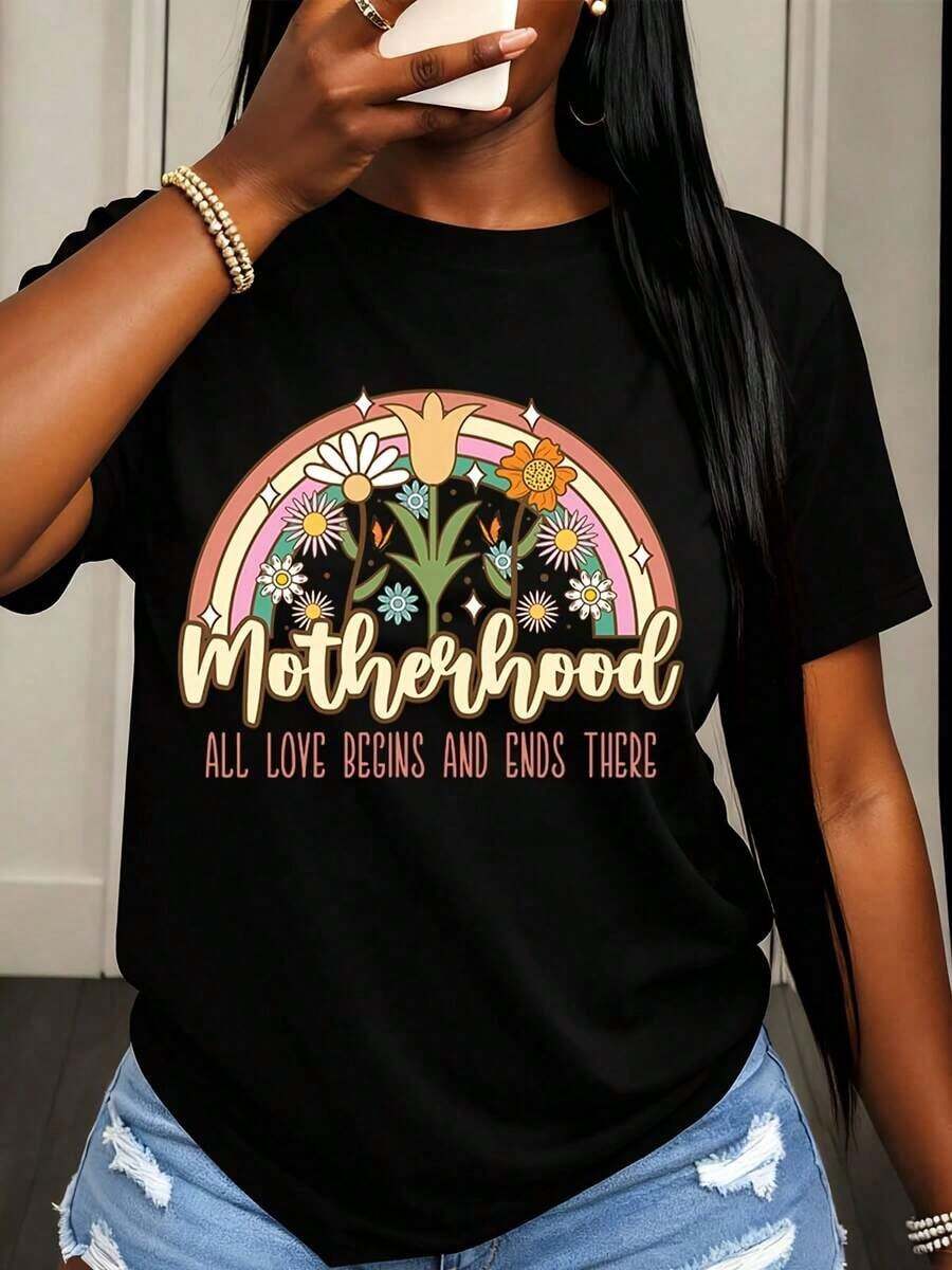 Camiseta de Mujer con Diseño Floral Arcoíris de Maternidad, Todo el Amor Comienza y Termina Ahí, Ropa Casual de Verano para Mujer - Negro - Ver 1