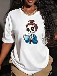 Playera Holgada para Mujer con Estampado de Esqueleto Sosteniendo una Taza de Café, Transpirable - Blanco - Ver 1