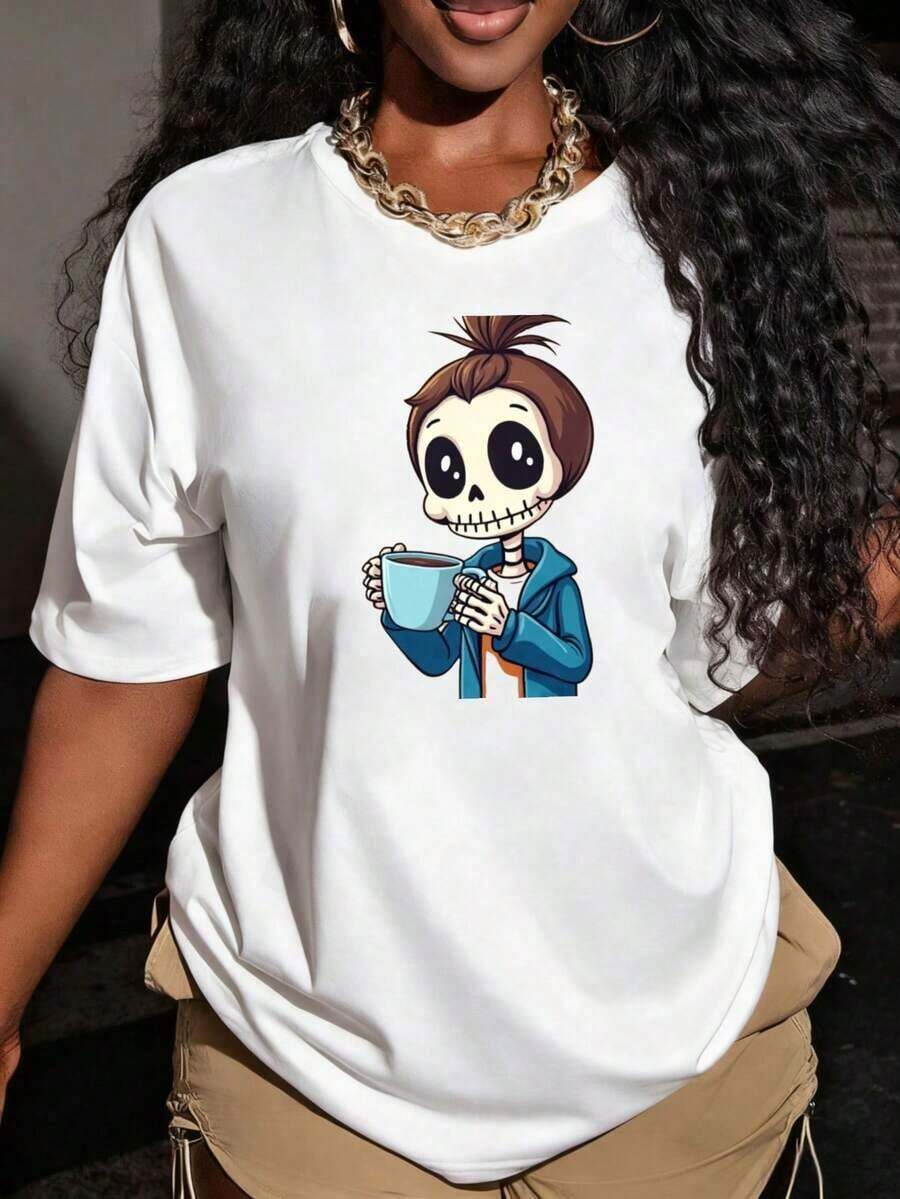 Playera Holgada para Mujer con Estampado de Esqueleto Sosteniendo una Taza de Café, Transpirable - Blanco - Ver 1