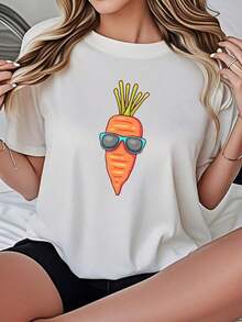 Camiseta de Mujer Casual de Corte Holgado, Opciones en Blanco y Negro, con Estampado de Zanahoria, Camiseta Gráfica Linda para Uso Diario de Verano, Blusas de Verano, Camisetas Gráficas, Conjuntos de Verano, Camisetas Cortas de Mujer, Blusas de Mujer, Ropa Linda de Algodón Vintage, Playera Holgada para Mujer - Blanco - Ver 7