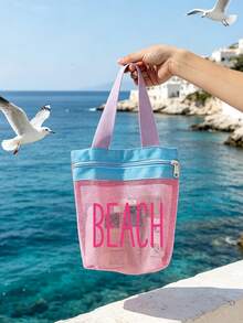 高飽和度配色網格托特包，印有「Beach」圖案的化妝收納包 - 夏季度假必備，多功能可重複使用購物袋，海灘包，旅行盥洗包，泳衣收納包，日常用品收納包。適用於海灘、度假、購物、派對、辦公室、學校，非常適合旅行紀念品、教師節禮物、開學禮物、派對小禮、節日禮物 - 彩色 - 查看 6